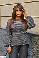 Блуза-кофта женская трикотажная красивая модная с объемными рукавами и поясом большие размеры 48-64 арт 641