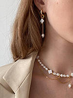 Стильний жіночий набір прикрас із натуральних перлів, конюшини, ланцюжками: чокер + сережки Natassory