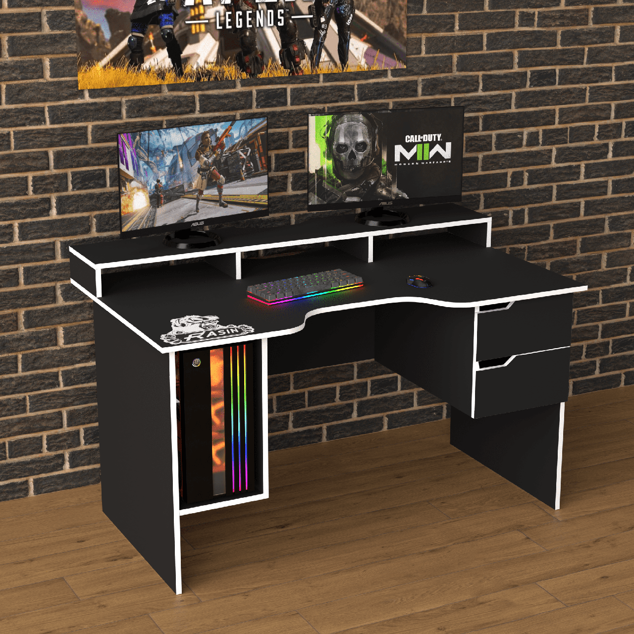 Геймерський стіл "Rasin RS-10" 140х80х75 см. Чорний/Біла кромка, фото 1