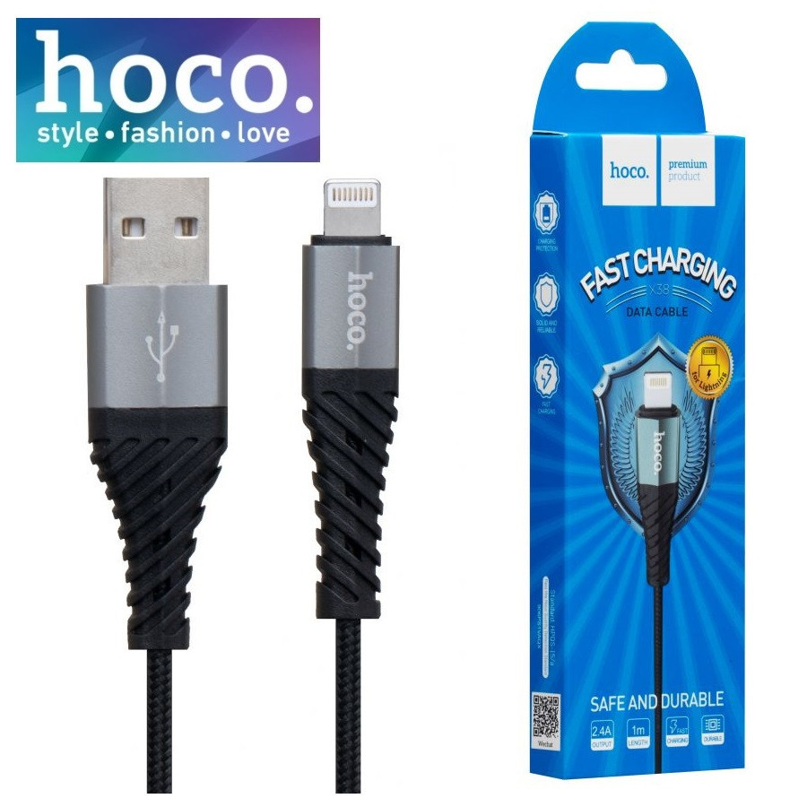 USB кабель Hoco X38 Cool Charging Lightning (iPhone) 2.4A 1м нейлоновая оплетка, черный, фото 1