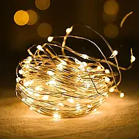 Xmas гирлянд 50 Led 5M (Copper) на проволоке (Капля росы) WW WARM W работает от батареек+USB Теплый белый