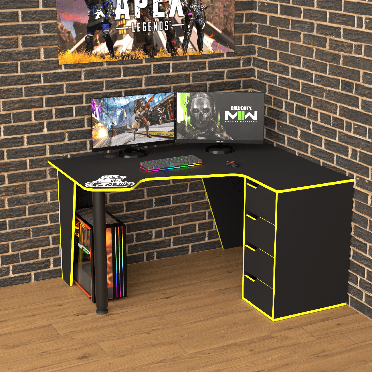 Геймерський стіл кутовий "Rasin RS-11" 120х140х75 см. Чорний/Жовтий край, фото 1