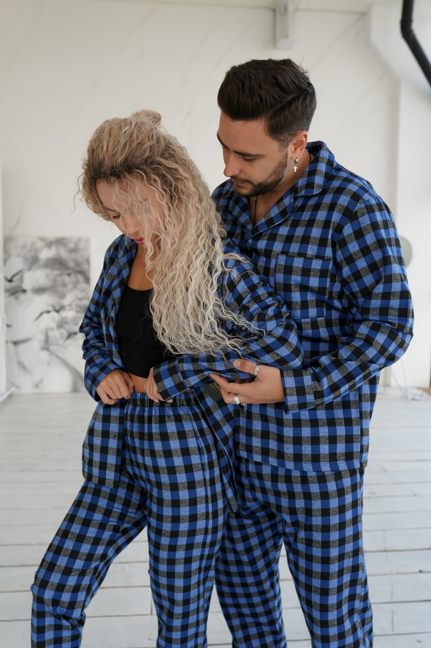 Женская пижама клетчатая фланелевая теплая комплект размер L Синий - фото 3 - id-p2030463210