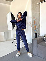 Женская велюровая пижама / домашний костюм с длинным рукавом и штаны на высокой посадке 42/44, синий