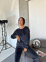 Женская велюровая пижама / домашний костюм с длинным рукавом и штаны на высокой посадке серый, 42/44