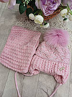 В'язана дитяча зимова шапочка + снуд, ніжно-рожева, розмір 48-50