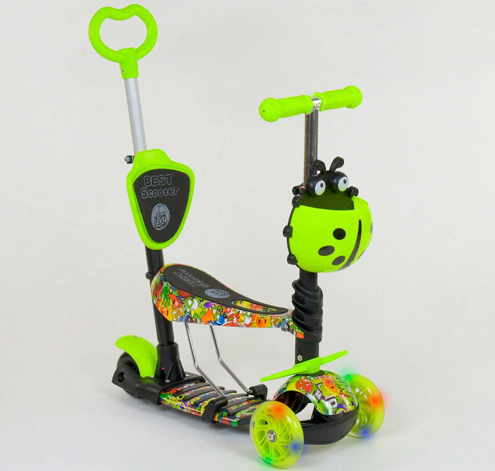 Самокат триколісний 5в1 Best Scooter 55945 колеса PU-120/100 мм, з підсвічуванням, салатовий