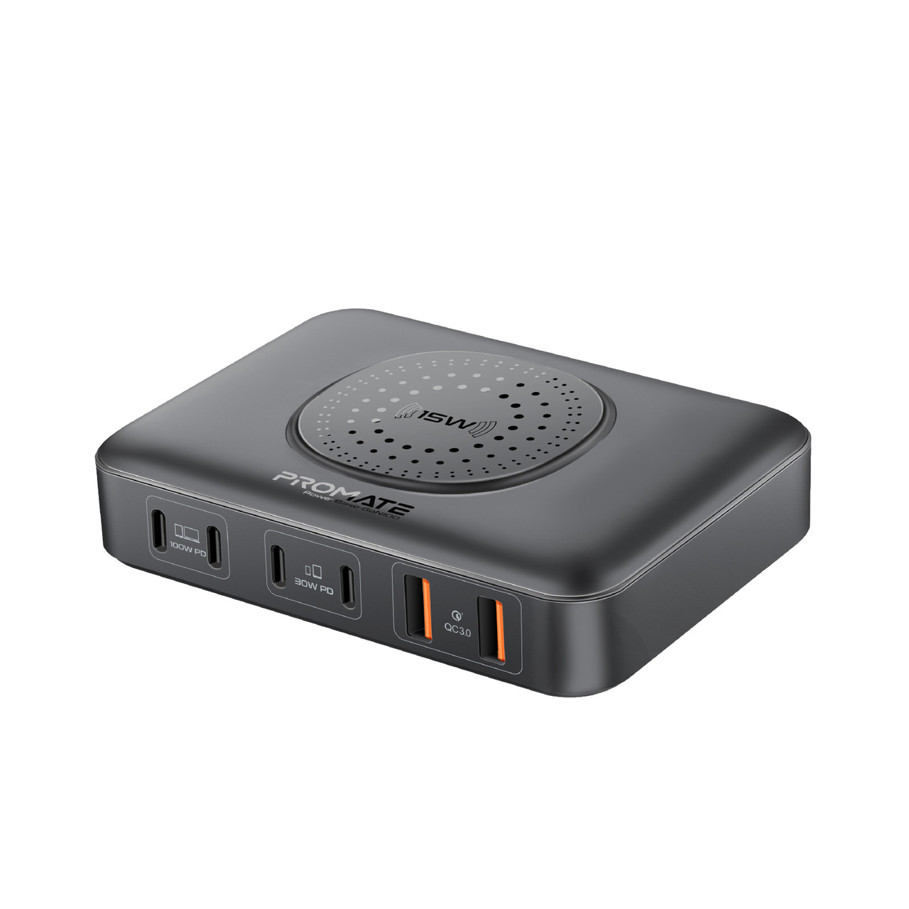 Мережевий зарядний пристрій Promate PowerBase-Gan100 4хUSB-C, 2хUSB-A, Qi Black (powerbase-gan100.black)