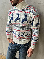 Мужской новогодний свитер под горло с оленями, шерстяной джемпер рождественский, теплая мужская кофта белая