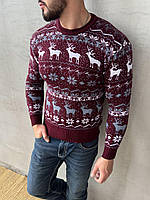 Праздничный новогодний свитер с оленями мужской, зимний джемпер вязаный рождественский, теплая кофта бордо
