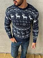 Праздничный новогодний свитер с оленями мужской, зимний джемпер вязаный рождественский, теплая кофта синий