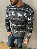 Праздничный новогодний свитер с оленями мужской, зимний джемпер вязаный рождественский, теплая кофта серая