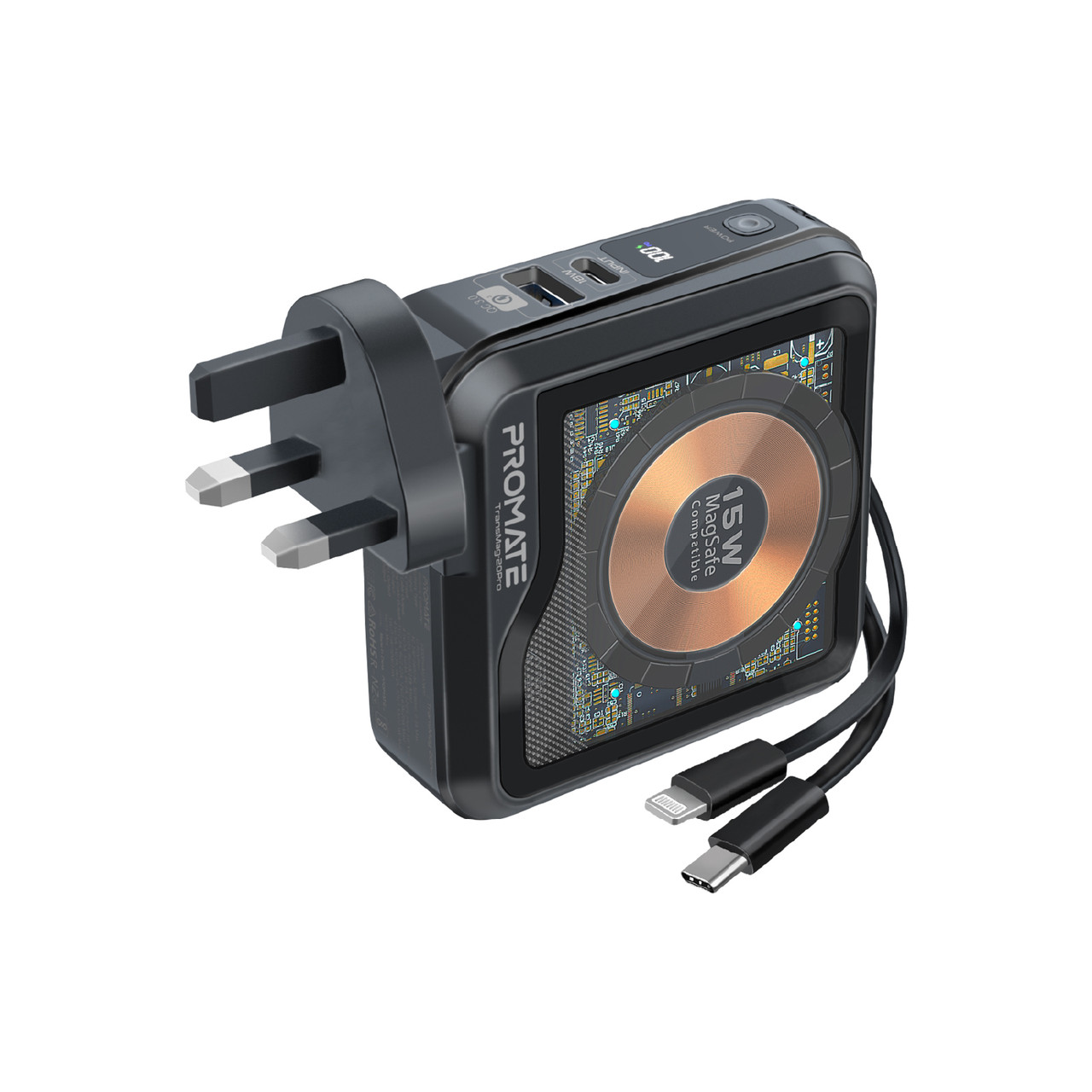 УМБ Promate TransMag-20Pro 10000 mAh, USB-A, USB-С кабель, Lightning коннектор, Qi, Black (transmag-20pro.black)