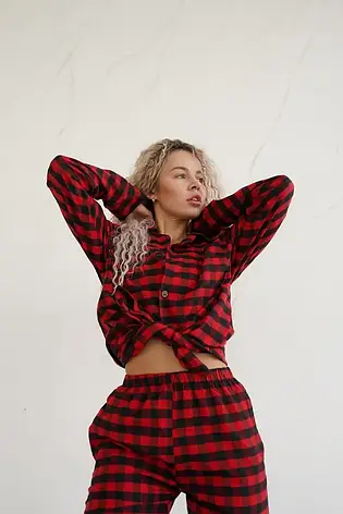 Піжама з фланелі червона картата жіноча тепла розмір Xl, фото 1