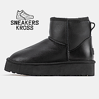 Ботинки UGG Classic Mini Platform Black Leather, Угги женские классические мини на платформе,кожа,черный цвет