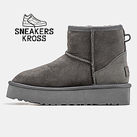 Ботиники UGG Classic Mini Platform Grey, Угги женские класические мини на платформе, замша, серый цвет