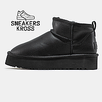 Черевики UGG Ultra Mini Platform Black Leather, Уггі жіночі ультра міні низькі на платформі,шкіра,чорний колір