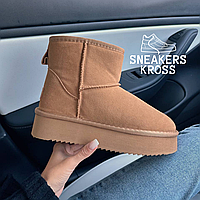 Ботинки UGG Mini Platform Brown, Угги женские мини низкие на платформе,замша,коричневый цвет