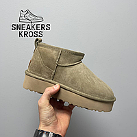 Ботинки UGG Ultra Mini Platform Khaki, Угги женские ультра мини низкие на платформе, замша, цвет хаки