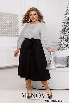 Святкова яскрава сукня міді з довгим рукавом на резинці і поясом в комплекті з 46 по 68 розмір