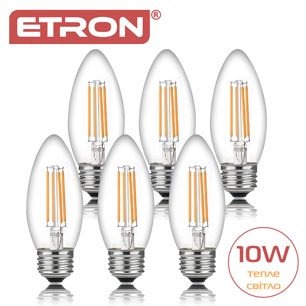 Набір LED філаментних ламп ETRON C37 E27 10W 3000K, тепле світло, 6 шт, прозорі, фото 1