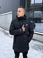 Зимняя мужская куртка спортивная черная Under Armour до -25*С, пуховик удлиненный с капюшоном Андер Армор