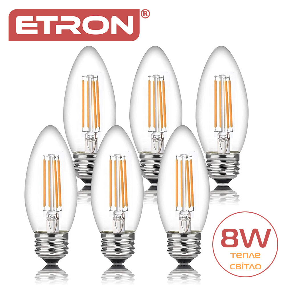 Набір LED філаментних ламп ETRON C37 E27 8W 3000K, тепле світло, 6 шт, прозорі