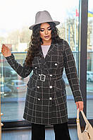 Женское теплое платье-пальто в клетку из кашемира с поясом размеры 42-56 Графит, 42/44