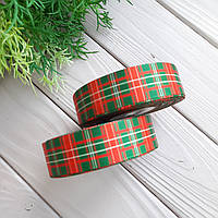 Новорічна Стрічка репс "Шотландка" червона + темно-зелена 2.5 см на метраж