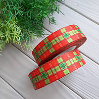 Новорічна Стрічка-ліпс "Шотландка" червона + салат 2.5 см на метраж