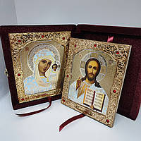 Ікона складень у оксамиті з декором камінням Божої Матері і Спасителя 21*18см