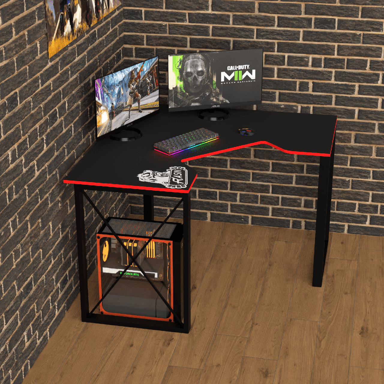 Геймерський стіл "Rasin LOFT-20" 120х120х75 см. Чорний/Червона кромка, фото 1