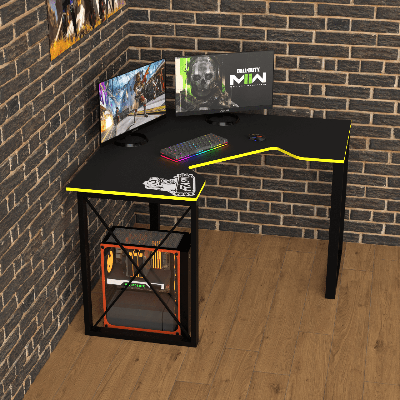 Геймерський стіл "Rasin LOFT-20" 120х120х75 см. Чорний/Жовта кромка, фото 1