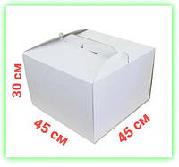 Белые картонные коробки с ручкой для тортов пряничный домик 45*45*30 см komora2