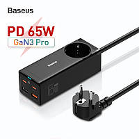 Настольное сетевое зарядное устройство с розеткой для быстрой зарядки Baseus 65W 2Type-C + 2USB + AC (черный)