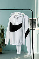 Зимний мужской спортивный костюм с капюшоном Nike, утеплённый комплект флисовый худи+штаны белый Найк Swoosh
