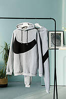 Зимний мужской спортивный костюм с капюшоном Nike, утеплённый комплект флисовый худи+штаны серый Найк Swoosh