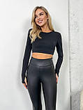 Чорні утеплені матові шкіряні лосини на флісі з високою посадкою, фото 3