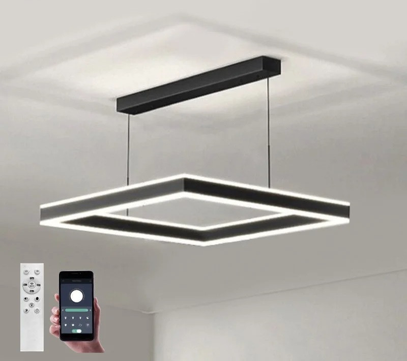 Світлодіодна люстра Esllse підвісна з пультом і застосунком STELLA 100W S-APP-500x500x1200-BLACK/WHITE