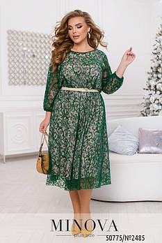 Новорічна жіноча сукня міді з витонченим дизайном, довгими рукавами і поясом в комплекті з 46 по 68 розмір