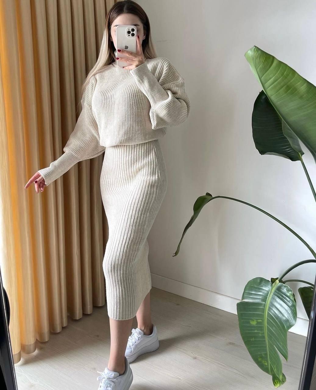 Женский теплый вязаный костюм с юбкой из ангоры рубчик с начесом ...