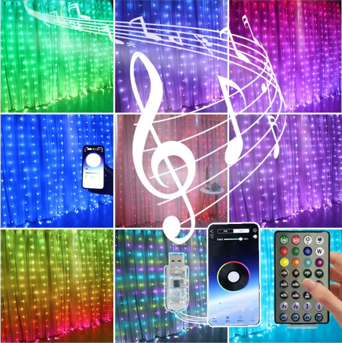 RGB Гірлянда Штора 300LED. 3 х 3 м, + пульт ДУ Bluetooth USB
