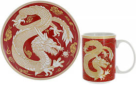 Чайна порцелянова пара "Золотий Дракон на червоному" кухоль, тарілка Ø20 см BonaDi (2000002653523)