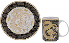 Чайна пара "Золотий Дракон на чорному" кухоль, тарілка, порцеляна Ø20 см BonaDi (2000002653554)