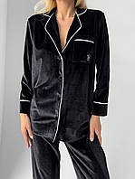 Женская пижама бархатная Victoria's Secret рубашка и штаны (Виктория Сикрет) черная с контрастной каймой