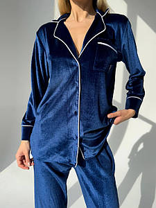Жіноча піжама оксамитова Victoria's Secret сорочка і штани (Вікторія Сікрет) синя з контрастною каймою