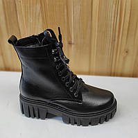 Ботинки женские кожаные зимние черные на тракторной подошве Черевики жіночі шкіряні зимові чорні (Код: Л3164)