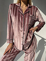 Женская пижама бархатная Victoria's Secret рубашка и штаны (Виктория Сикрет) пудровая в полоску