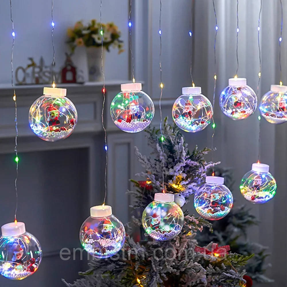 Гірлянда Штора кулі з дідом морозом LED USB 10 куль 3 метри Кольорова з наповненням та пультом
