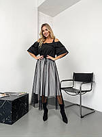 Женский комплект, юбка+блузка, 42-46, 48-52, черный верх, белый верх, супер софт и евросетка. 42/46, Черный
